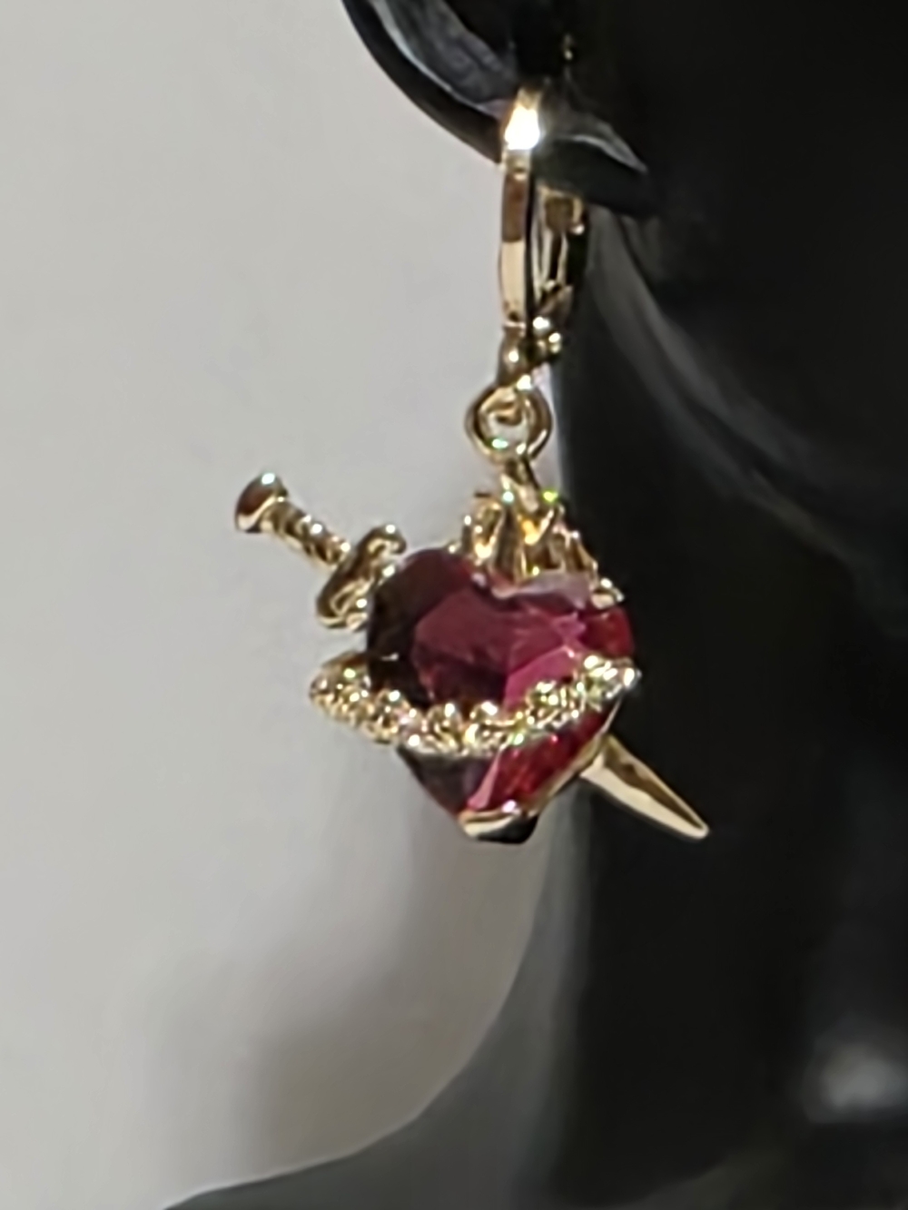 Gold Dagger & Ruby Red Heart Drop Earrings – Gothic Chic